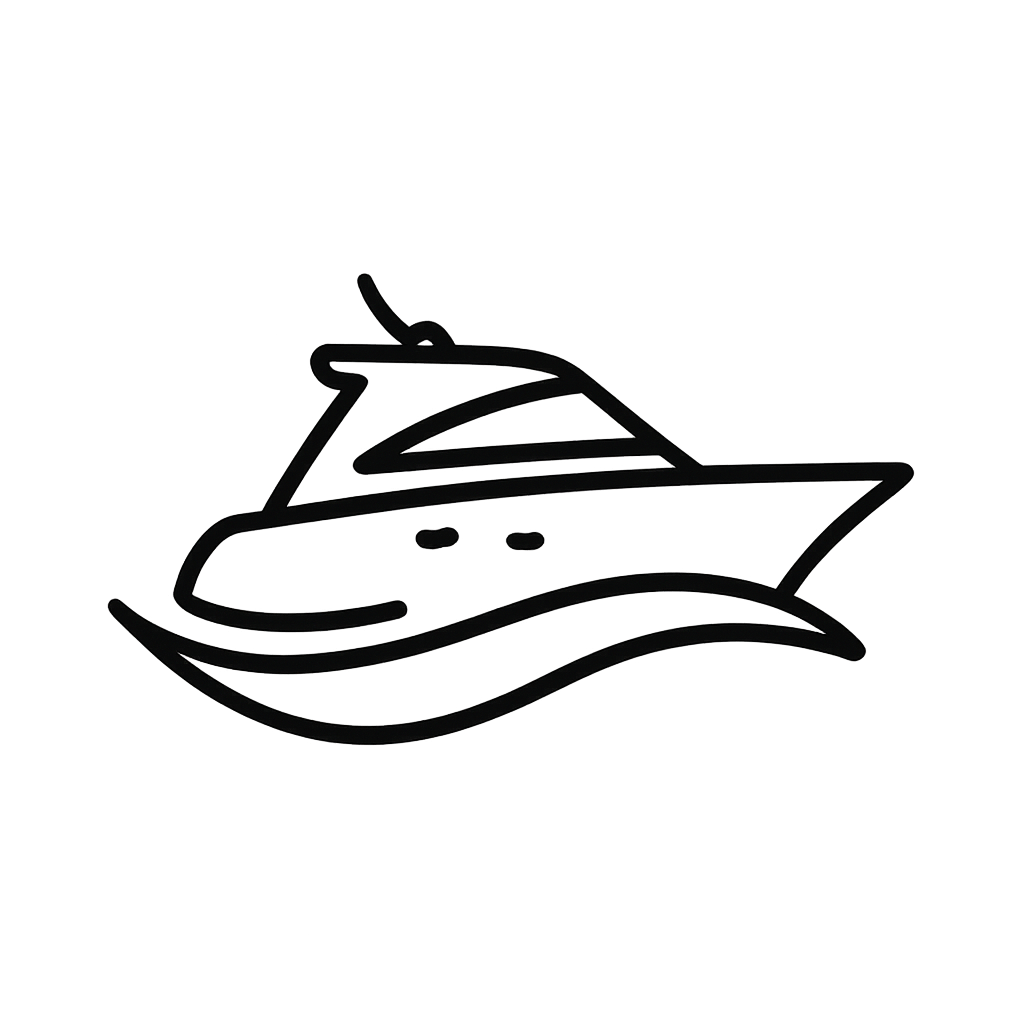 A graphic silhouette of a motorboat with a windshield and a propeller, set against a light blue background.