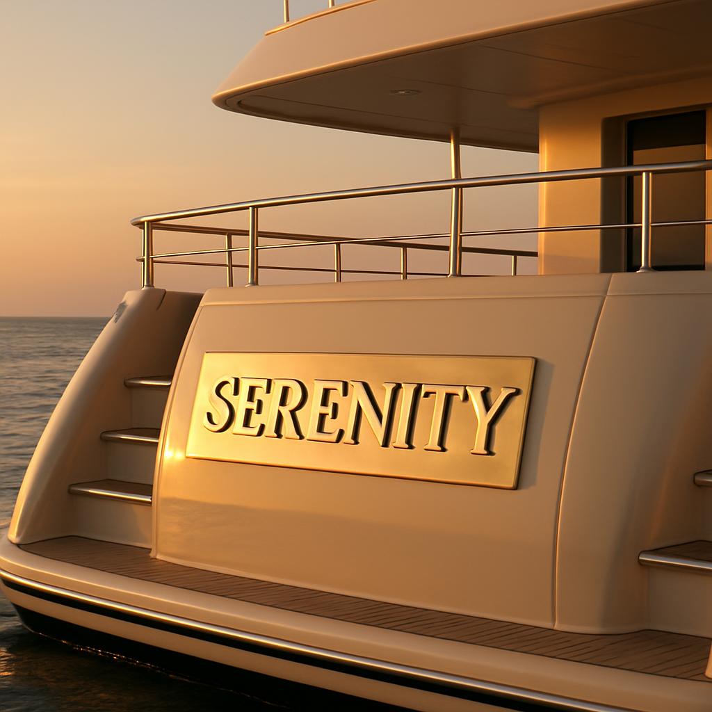 Stunning photograph of the superyacht Serenity with the golden name on the back in a peaceful sea setting.